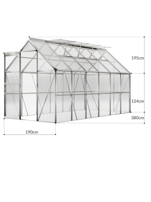 Gardebruk alumínium üvegház melegház 4 nyitható tetőablakkal 380x190x195 cm 991469