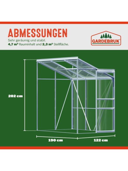 Gardebruk falhoz rögzíthető ALU-polikarbonát üvegház melegház tetőablakkal 190x122x202cm 991470