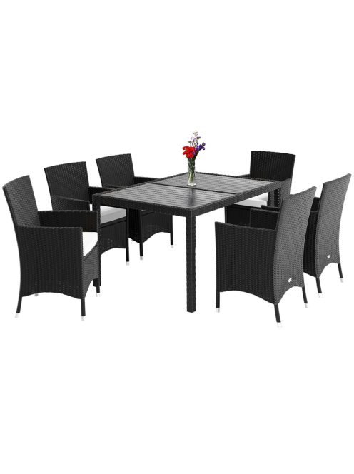Casaria RIGA 13 részes polyrattan kerti étkező szett kerti bútor garnitúra 6 személyes fekete WPC asztallap 992866