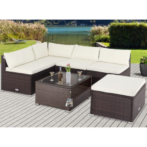 Casaria polyrattan kerti sarokgarnitúra teraszbútor párnákkal barna-krém 995173