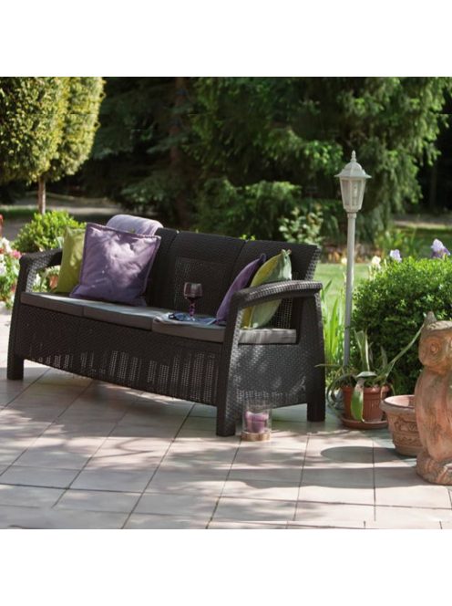 Curver Corfu love seat max kerti kanapé, grafit színben, világos szürke párnával 223211