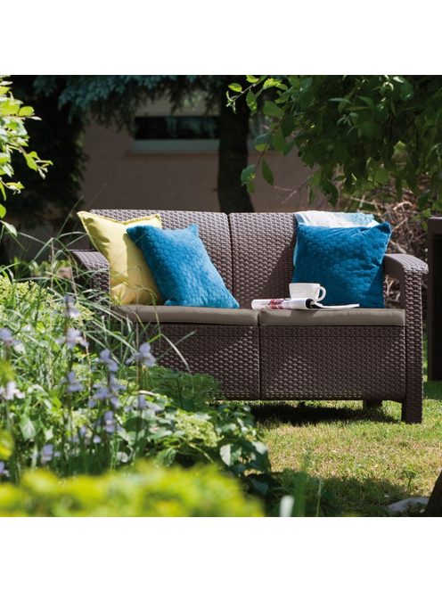 Curver Corfu love seat, kétszemélyes kerti kanapé barna színben, meleg taupe párnával 223214