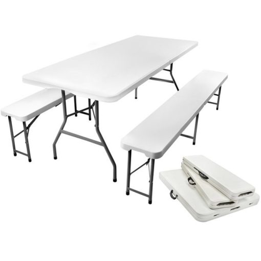 Összecsukható kerti sörpad szett sörpad garnitúra asztal + 2 pad fehér 180 cm 5902367978020