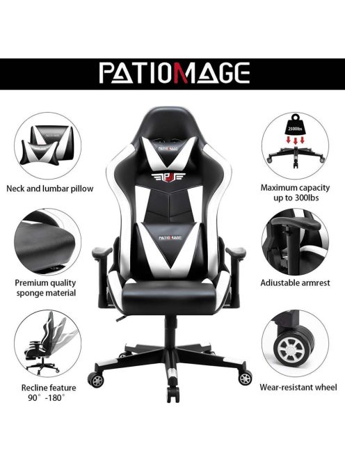 Gamer szék kihúzható lábtartóval fekete - fehér 50004710