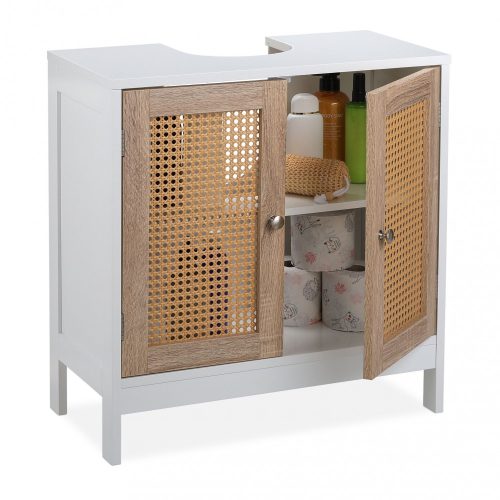 Mosdószekrény rattan ajtókkal fehér-natúr 61,5x60x30 cm 10035343