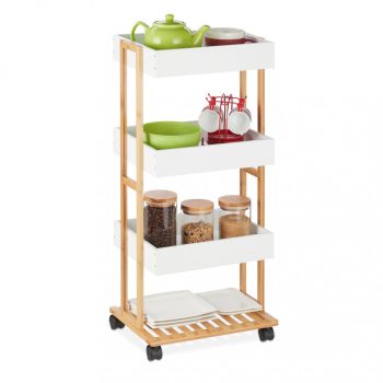   Bambusz tálaló zsúrkocsi 4 szintes fehér polcokkal 88x40x30 cm 10035365