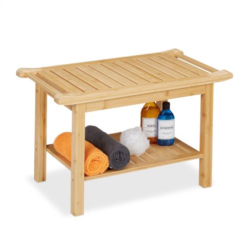 Bambusz fürdőszobai ülőke fogantyúval és polccal 45x75x40,5 cm 10046335