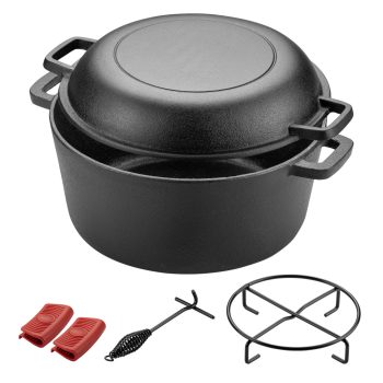   Dutch Oven 2 az 1-ben öntöttvas edény, 32x26x16 cm lábas fedővel, állvánnyal, fedőtartóval és fogantyúkkal 65636